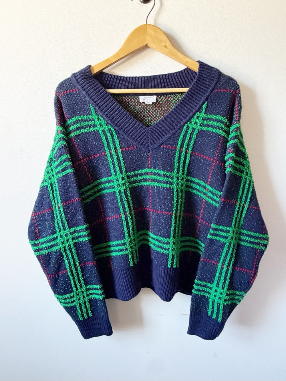 crown & ivy Navy V-Neck Sweater with Green Plaid and Pink Accents